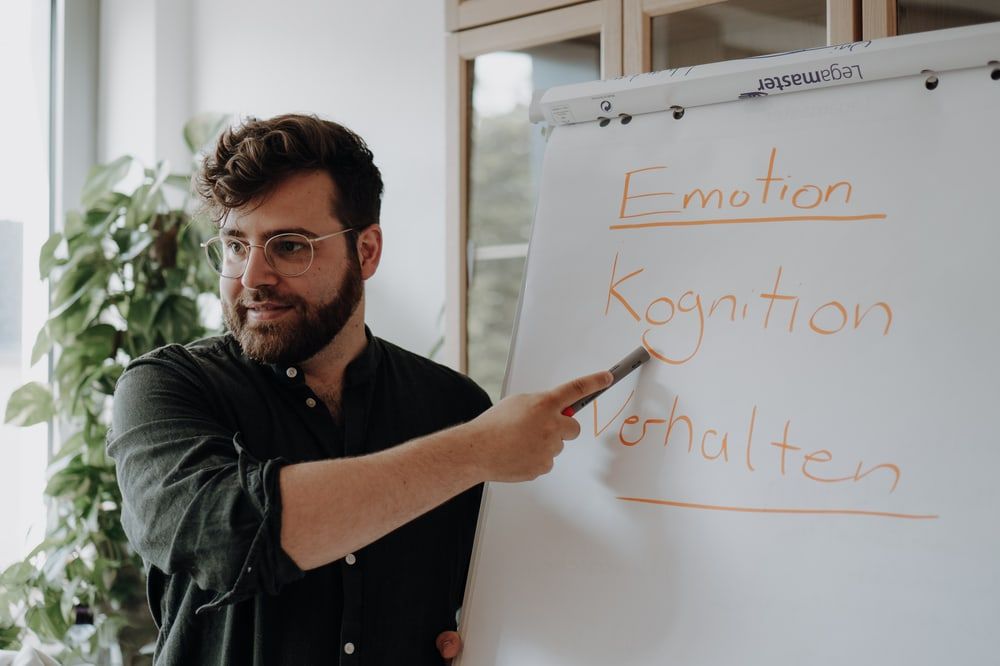 Therapeut erklärt am Flipchart die Begriffe Emotion, Kognition und Verhalten